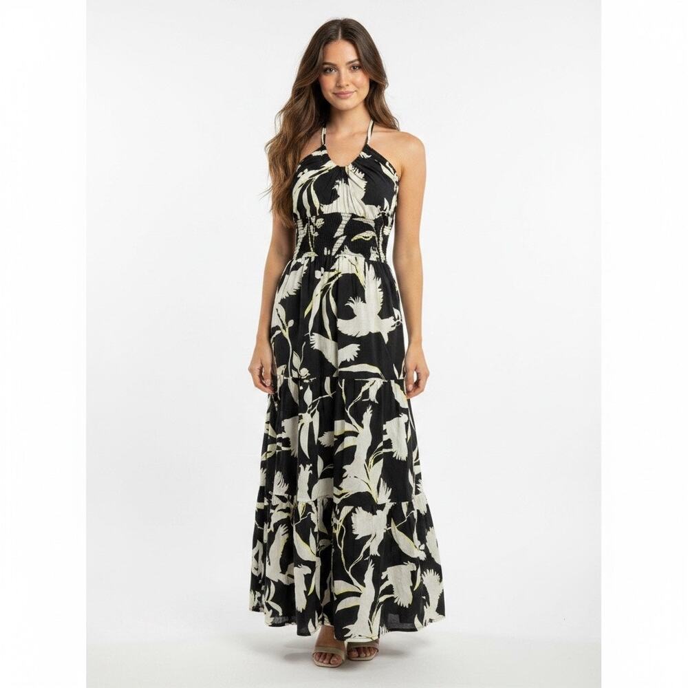 Seafolly Halter Maxi Dress Birds of Paradise Medium Tiered Smocked Cotton Luxe